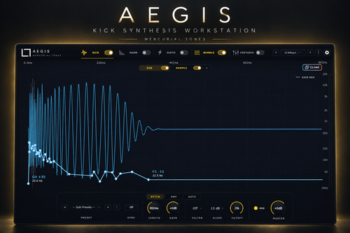 Aegis kick synthesis workstation by Mercurial Tones, showing its waveform, pitch envelope and sound-shaping controls.