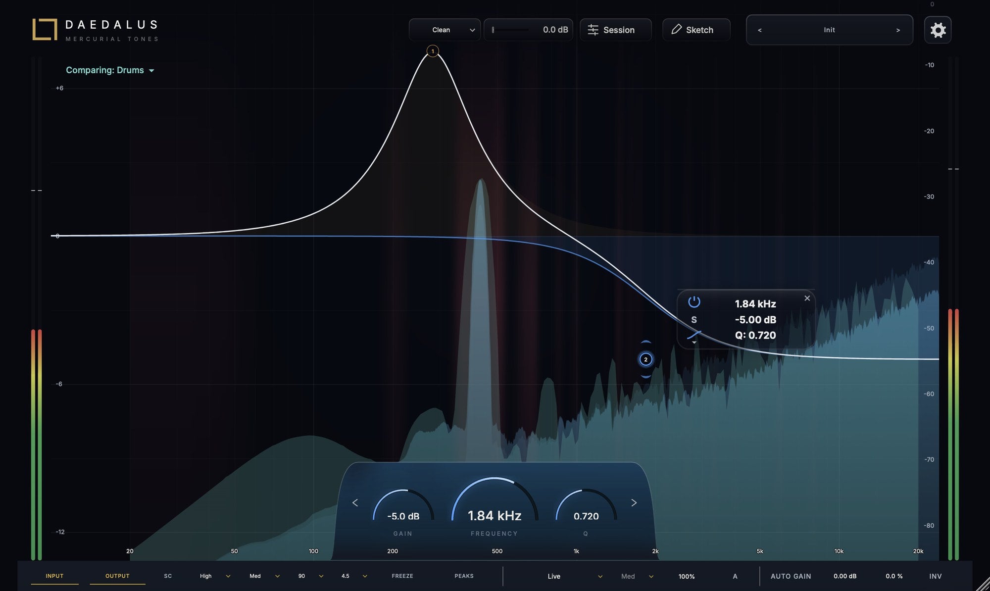 Daedalus comparing its track with a drum track: overlapping frequencies are shaded red behind the EQ curve.