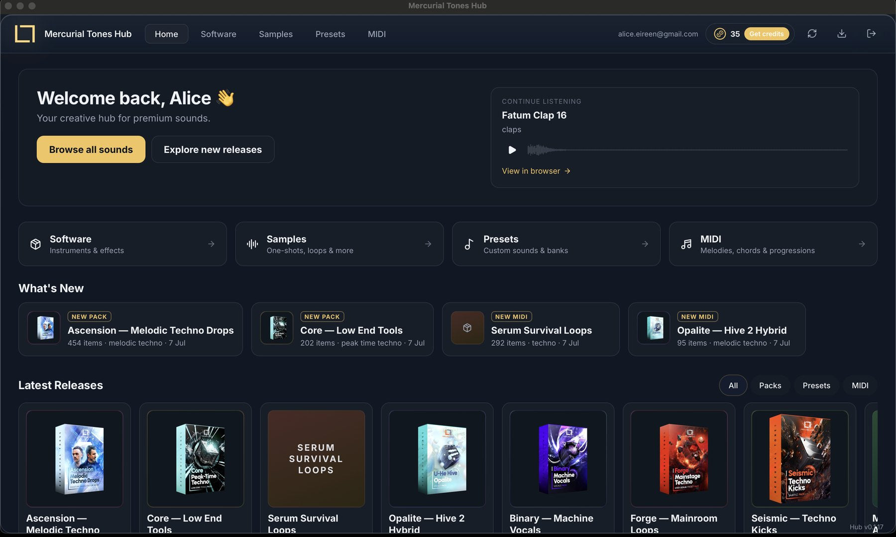 Hub Sounds — browse samples, presets and MIDI inside the Hub