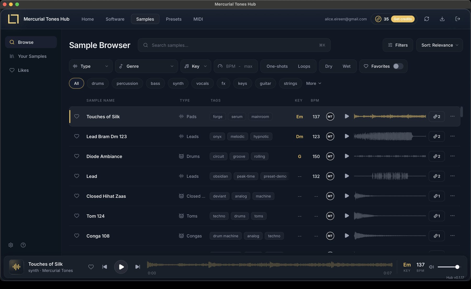 The Sample Browser — filter by key, BPM and genre, preview with waveforms, buy with credits