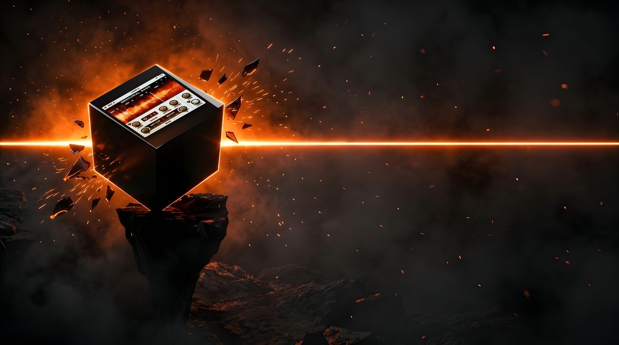 A black monolith on the edge of a volcanic cliff, a Serum 2 oscillator panel on its top face, a gold horizon line behind it